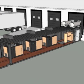 Cutaway view of a shipping container showing interior equipment, tanks, and doors, outside a warehouse with trucks.